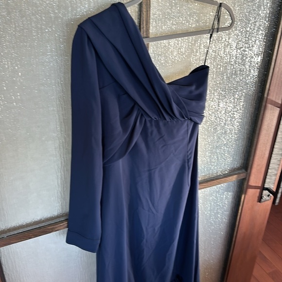 Rokh One Shoulder Knot Dress Women's 36 Navy Blue Crepe Midi Ruffle US size 6. - Picture 8 of 12
